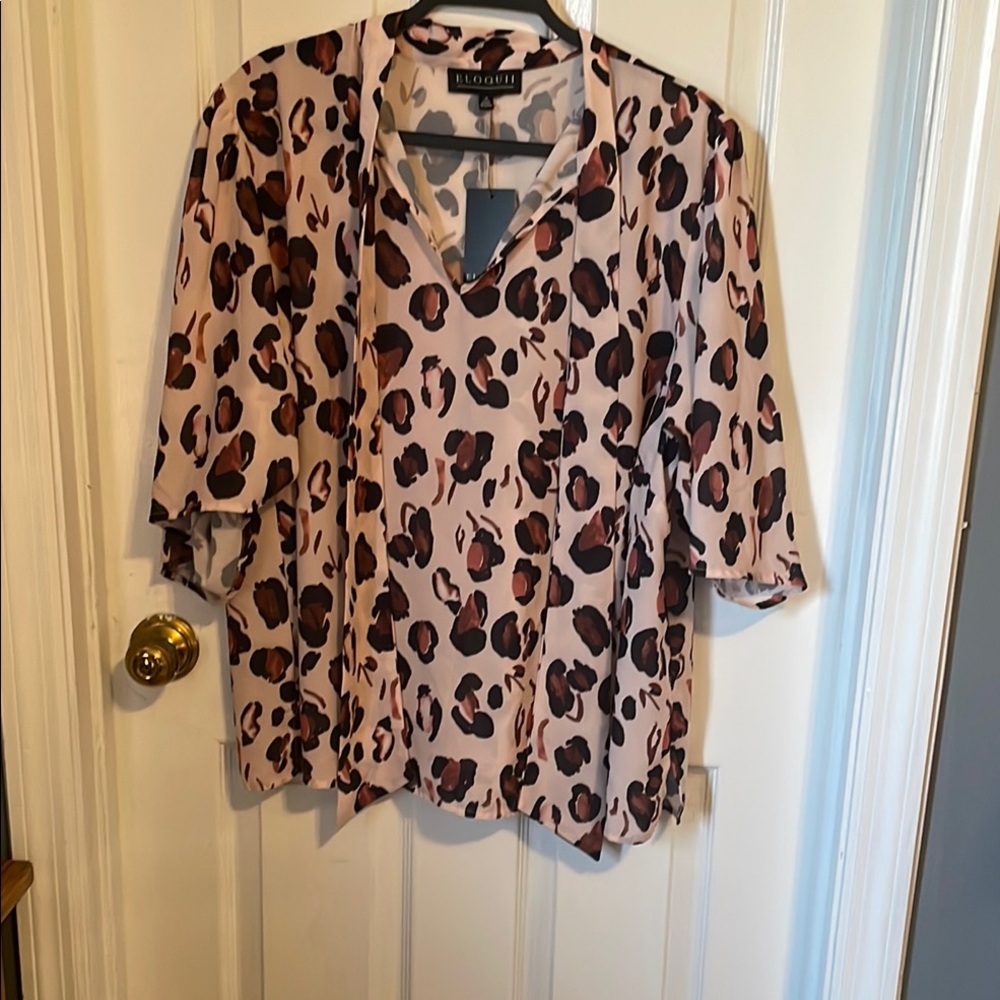 Eloquii Brown and Tan Boxy Tie Neck Blouse